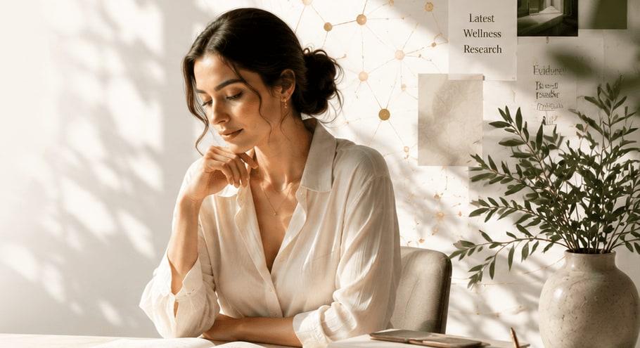 A woman reading wellness research at her desk